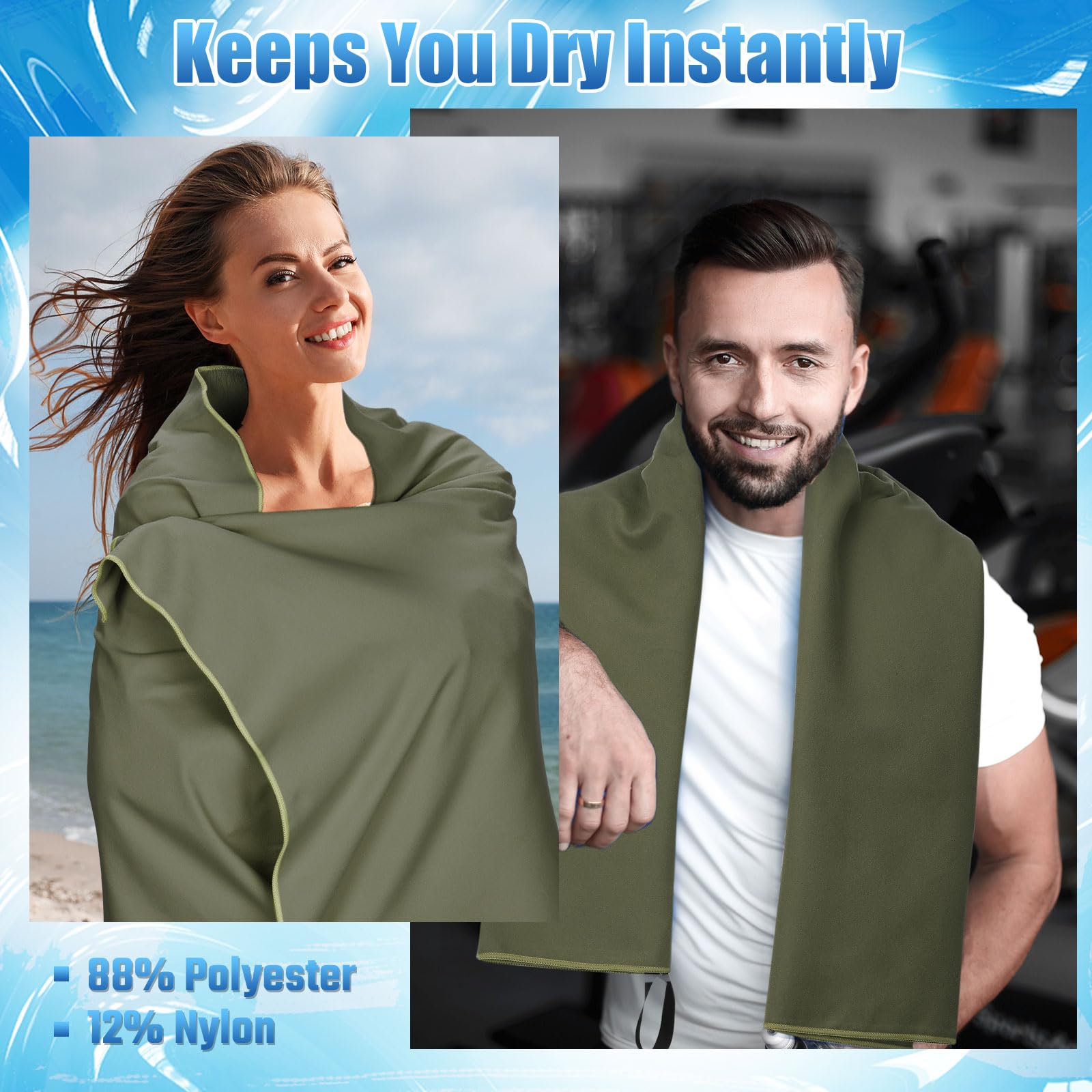 Hahafelt Juego de 4 toallas de viaje de microfibra absorbente de secado rápido de 47.24 x 23.62 pulgadas, para mochileros, camping, playa, gimnasio, deportes, yoga, piscina (verde militar)