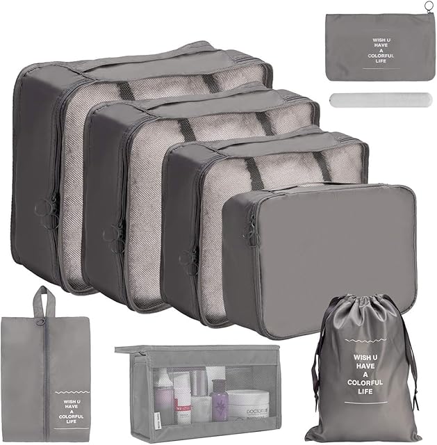 Travel Organiser, Orgawise Packing Cubes Travel Essentials Bag for Travel Waterproof Polyester Storage Suitcase Cubes Luggage Travel Storage Bags (8-pcs-Grey)