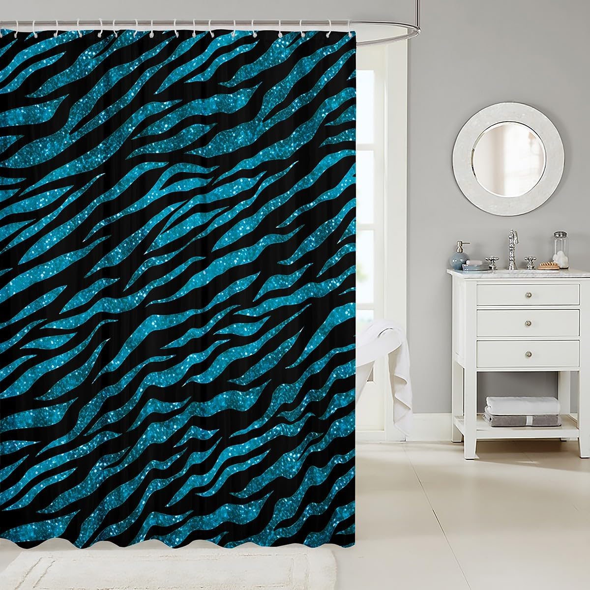 Manfei Kids Teal Glitter Shower Curtains Teal Zebra Print Waterproof Bath Curtains with 12 Hooks Suits for Bathtub, Wild Animal Print Bathroom Curtains for Boys Girls Room Decor, 72" W x 78" L image 2