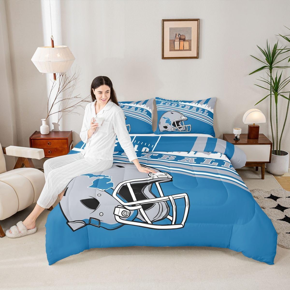 Erosebridal Queen Comforter Set Gridiron Theme Bedding, 3D Sports Helmet Bedding Comforters & Sets for Kids Boys Football Seasonal Color Blue Stripes Duvet Insert with 2 Pillowcases