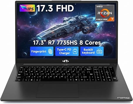 NIMO 17.3" Gaming Laptop, AMD Ryzen 7 7735HS 8C/16T, Up to 4.75GHz, 16GB DDR5 RAM, 256GB PCIe 4.0 SSD, 100W PD Fast Charging, FHD Display, Backlit KB, Fingerprint, SD Card Reader, Windows 11