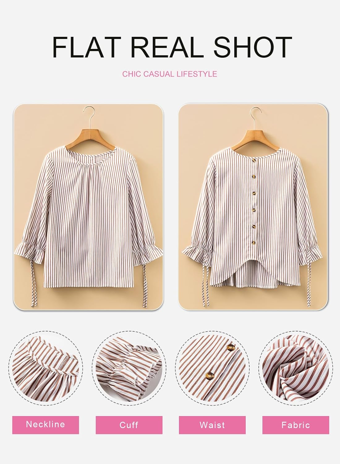 SHEWIN Womens Blouses Summer Striped Crewneck 3/4 Tie Sleeve Tops with Button Decoration On Back - Image 5