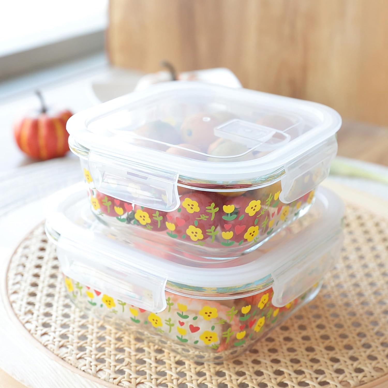 Kuber Industries Borosilicate Printed Container With Lid (Square) | JDA052-MUL | Transparent | Pack Of 2