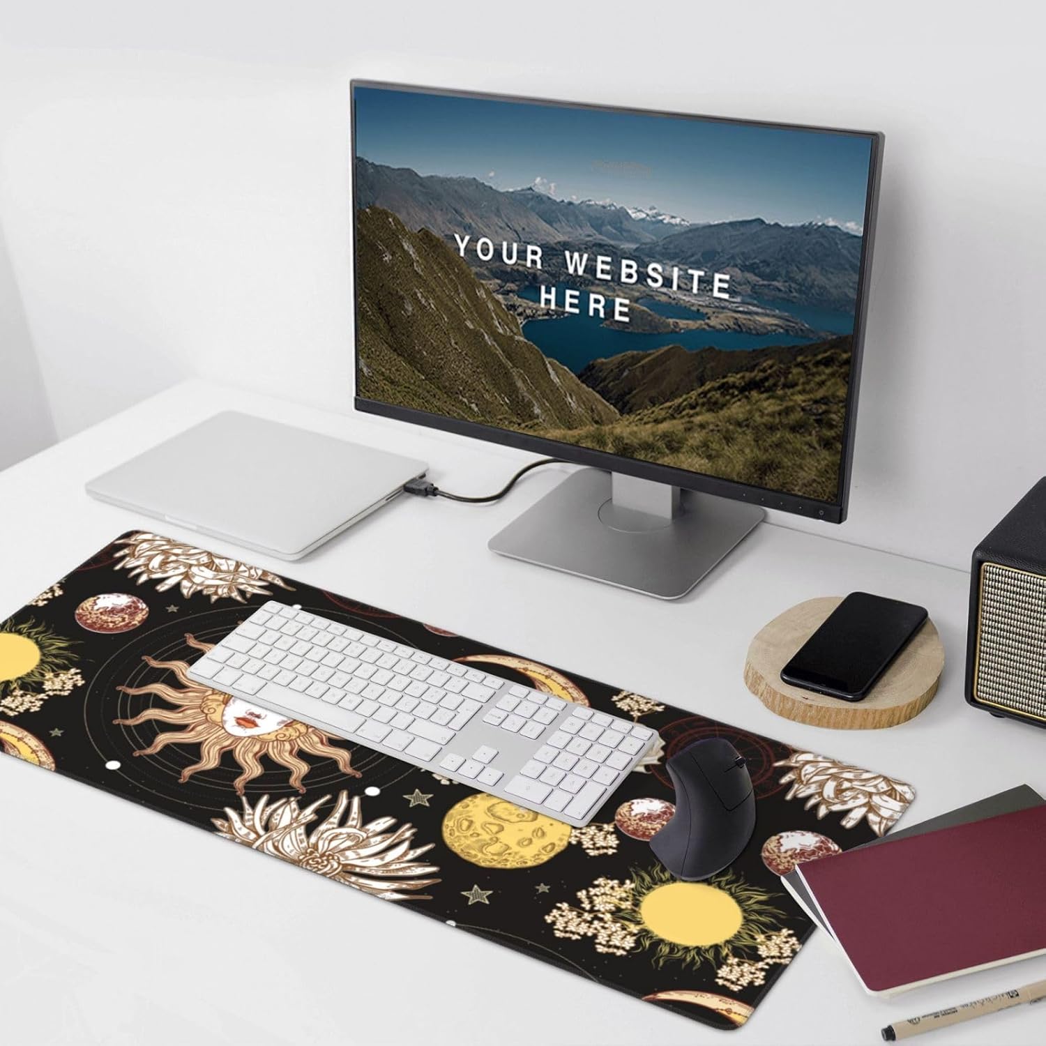 16 X 35.5 In Moon and Sun Decor Keyboard Pad, Computer Mat for Desktop, Fun Desk Accessories for Work, Desk Protector Mat Husband Anniversary Birthday Gifts, Mouse Pad Black Home Office Decor