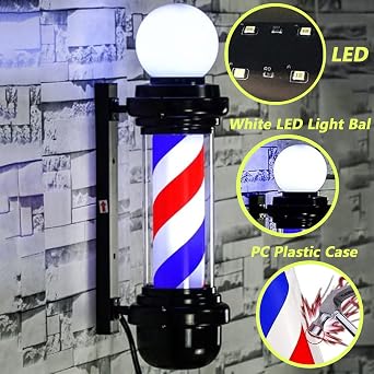 Barber Pole LED Light, Classic Style Hair Salon Barber Shop Open Sign, Rotating Red White Blue LED Strips, Rainproof Hairdressing Salon Wall Lamp, Save Energy,88 * 26cm/34.65 * 10.24in
