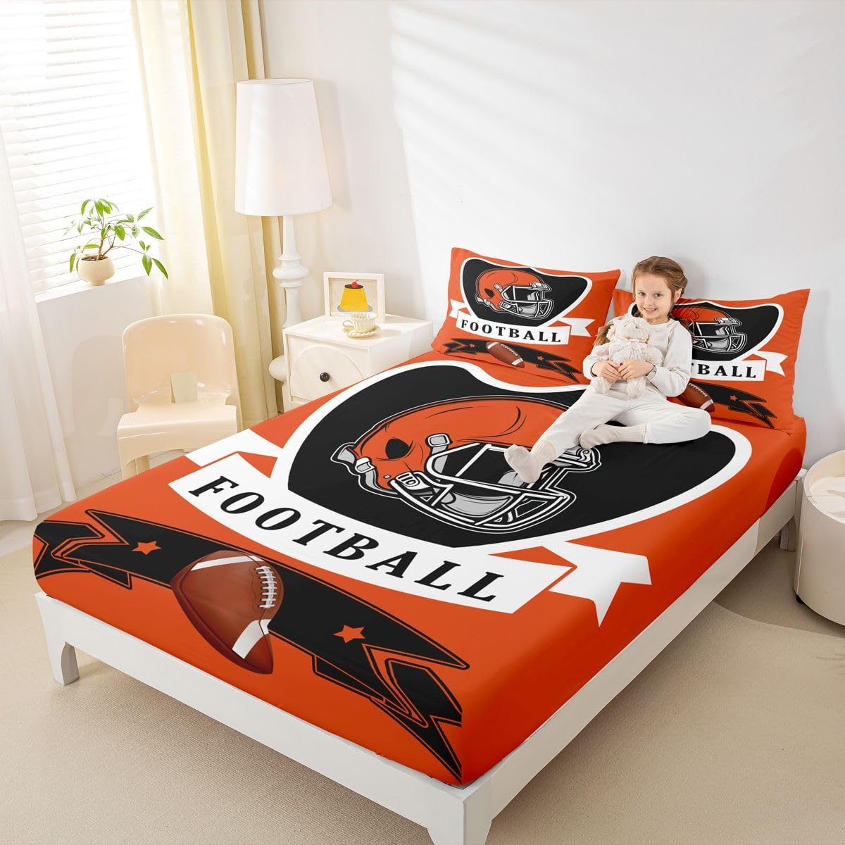 Erosebridal Cincinnati Bed Sheets Queen Size Boys Football Sports Room Decor 3 Pieces Gridiron Seasonal Fitted Sheet, Rugby Game Bed Sets for Sports Fans Players Lover Gifts