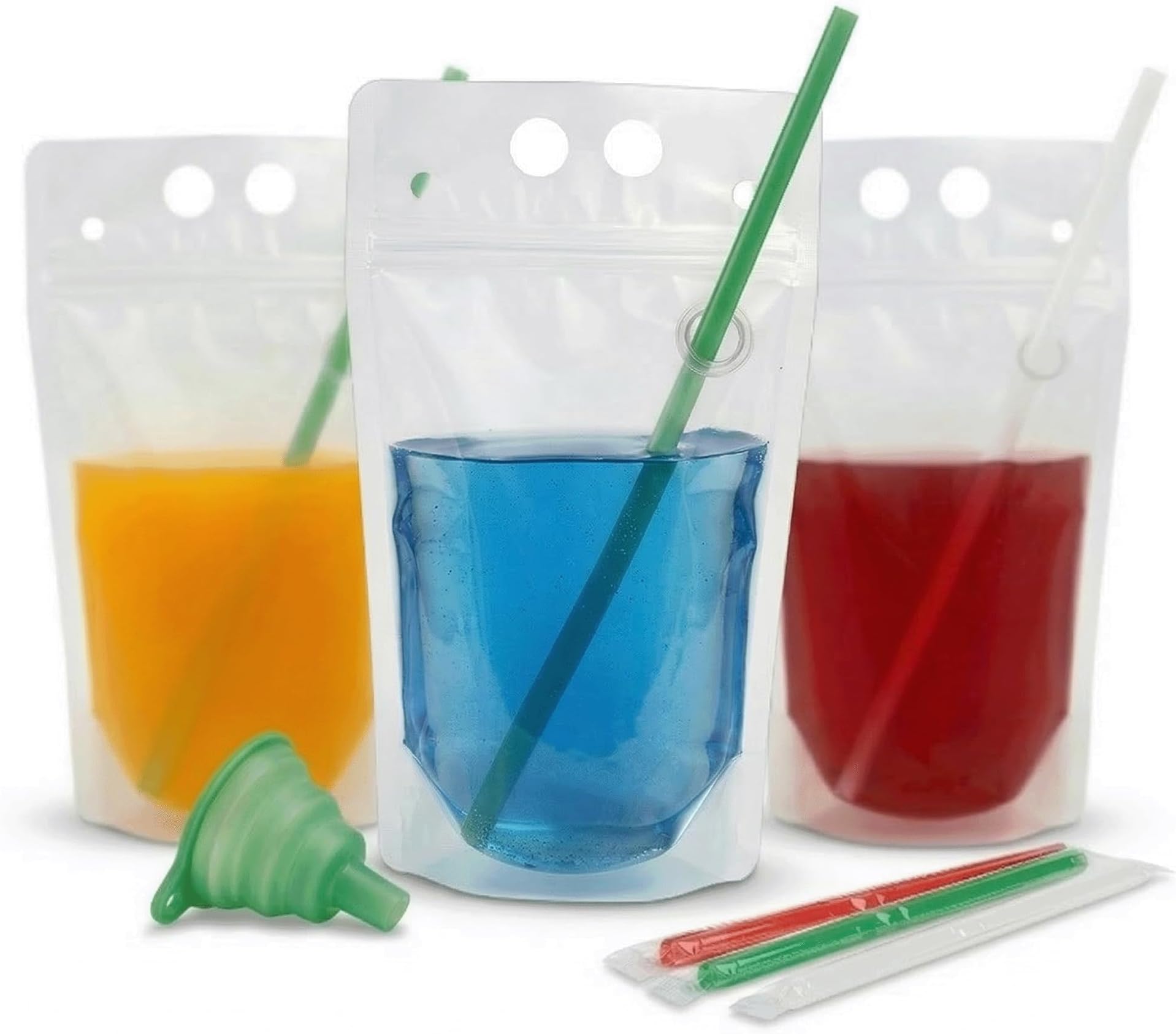 100PCS Drink Pouches with Side Straw Port, Resealable Leak-Resistant Drink Bag Set with Straws & Funnel, 17oz Bulk Party Beverage Pouches for Cocktails, Juice & Slushies