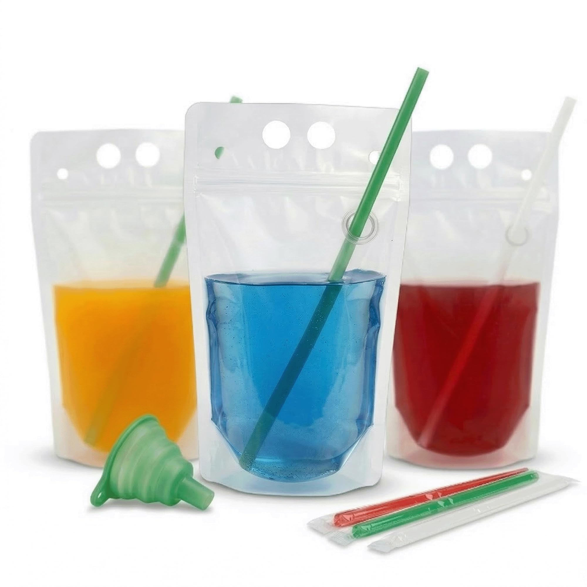 100PCS Drink Pouches with Side Straw Port, Resealable Leak-Resistant Beverage Bags with Straws & Funnel, 17oz Bulk Party Drink Containers for Cocktails, Juice & Slushies