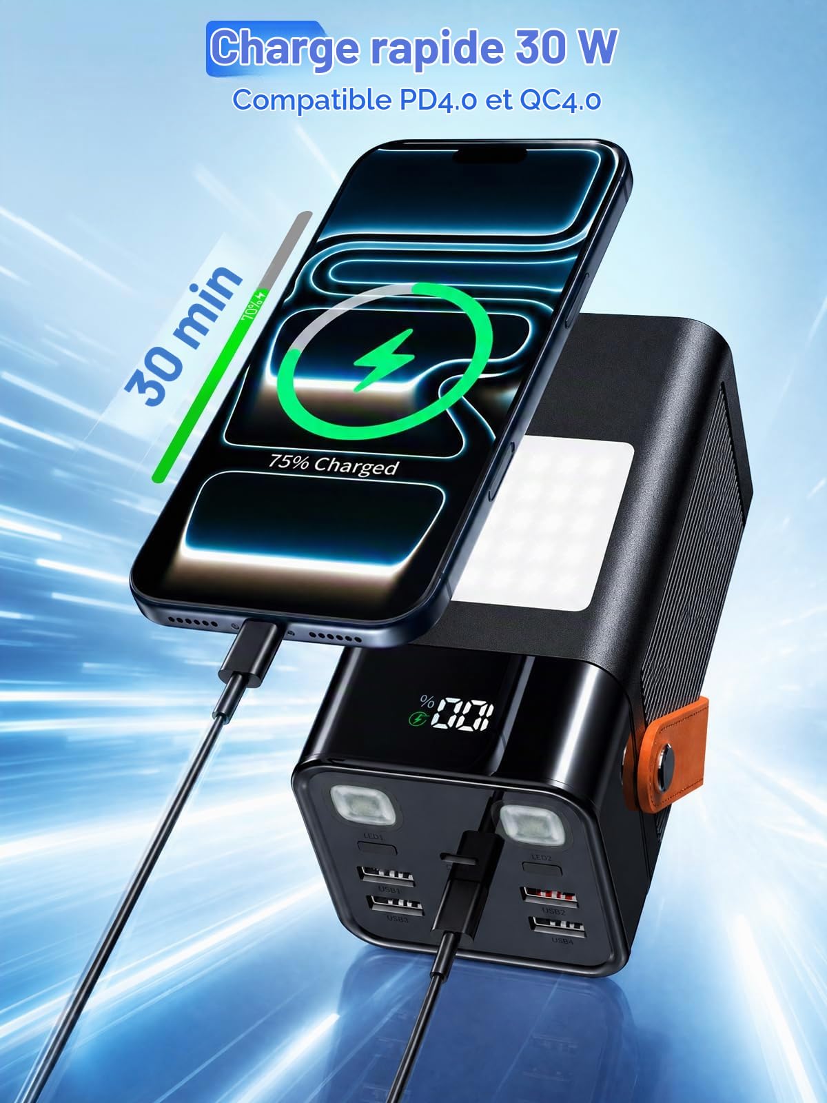 Batterie Externe 75600mAh, PD 30W 3.0A USB C Power Bank Charge Rapide avec 4 Câbles, 6 Port (4 USB-A & 2 Type-C), LED Affichage Numérique, Portable Chargeur Externe pour Téléphones