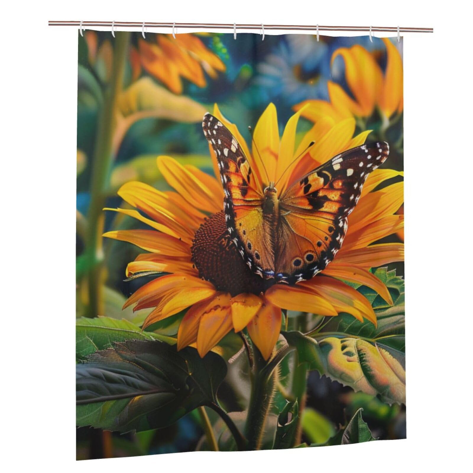 BWWHCCTI Sunflower Butterfly Printed Shower Curtain With 12 Plastic Hooks Opaque Quick Drying Waterproof Shower Curtains Sets For Bathroom 152x183 Cm