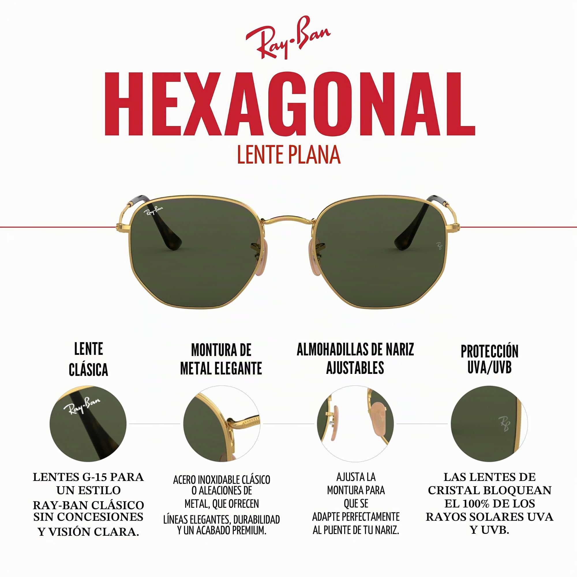 Ray-Ban RB3548N - Lentes de sol hexagonales hexagonales con lente plana