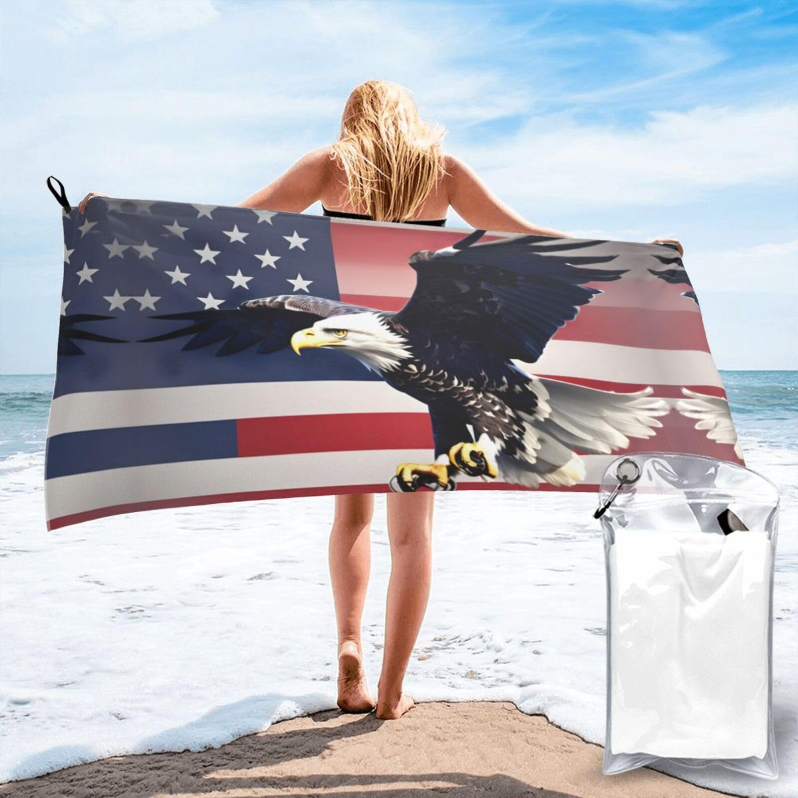 HLBSDM 3D Bald Eagle Flying with American Flag Print Beach Towel Quick Dry Portable for Swimming Yoga Travel Campers