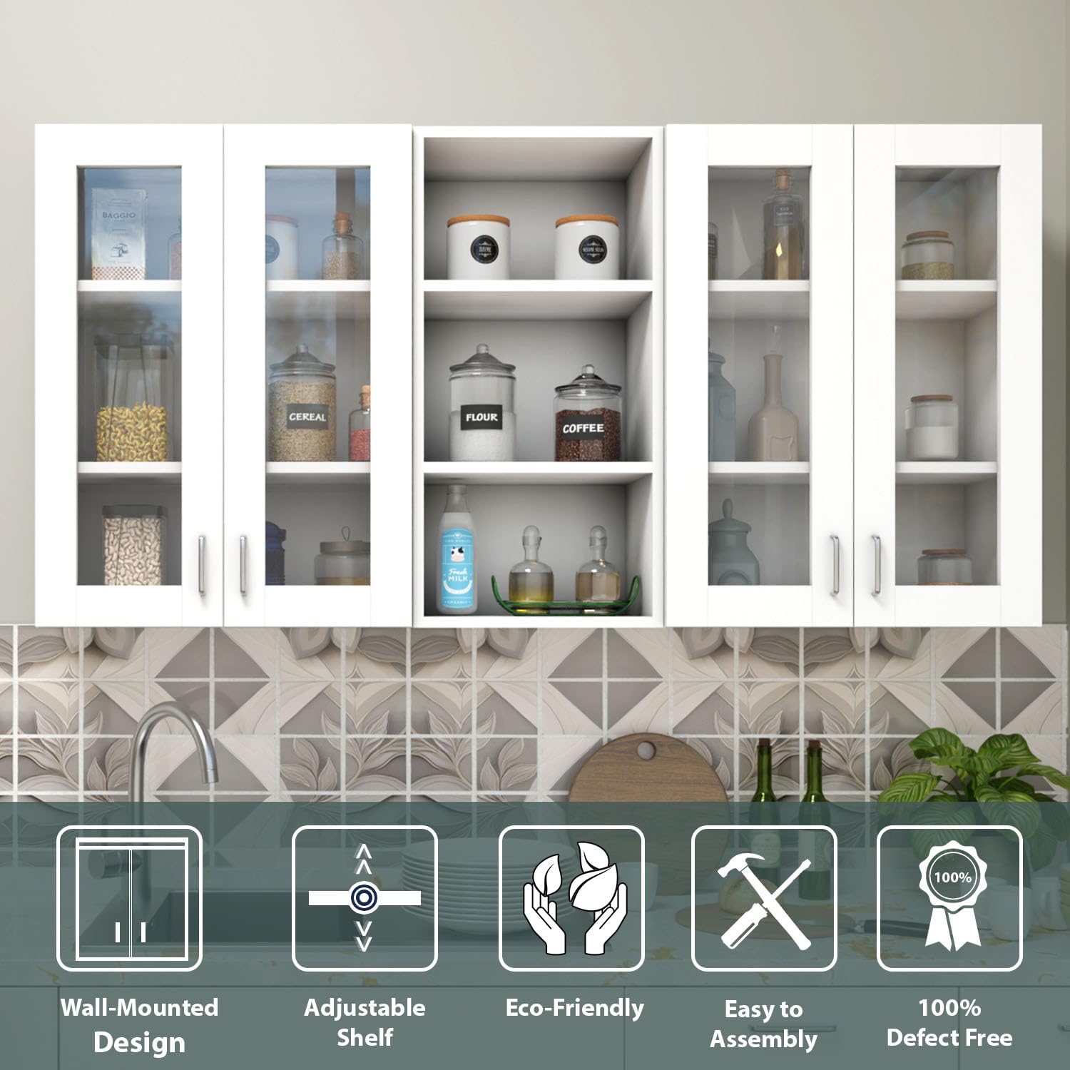 VIKI Furniture Overhead White 4 Gas Spring Doors | Open Shelf Top View