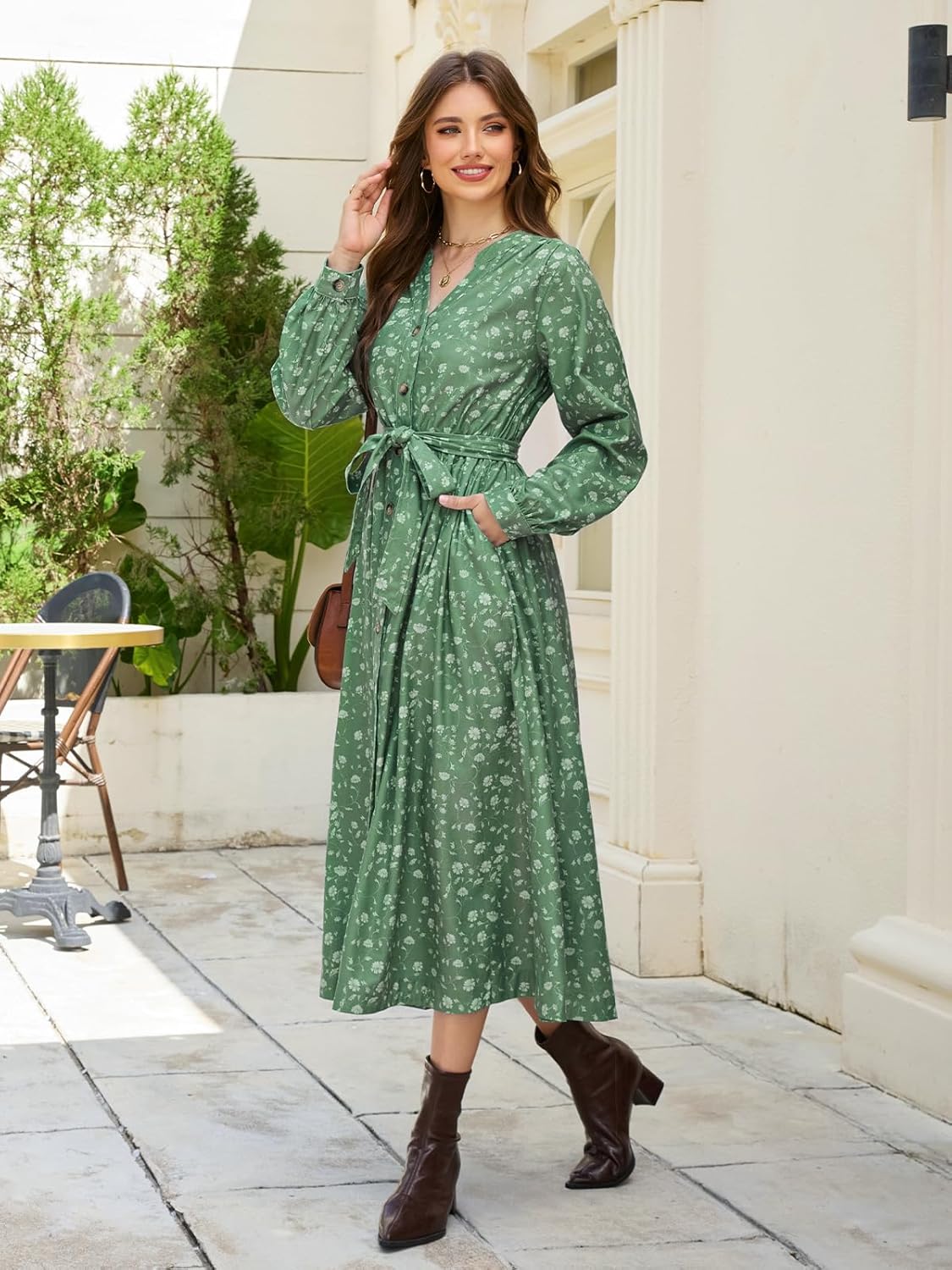 Ladyful Floral Print Corduroy Midi Dress for Women Long Sleeve Button Up Fall Winter Flowy Dress with Belt - Image 6