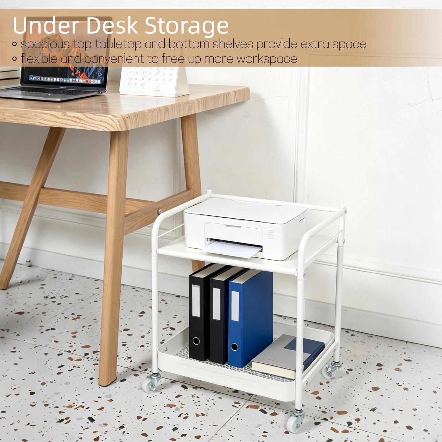 2 Tier Rolling Cart with Wheels, Under Desk Cart with Table Top | Pantry Floor Organizer, White Wheeled Utility Trolley, Short Metal Shelf, Small Kitchen Storage Rack Under Counter