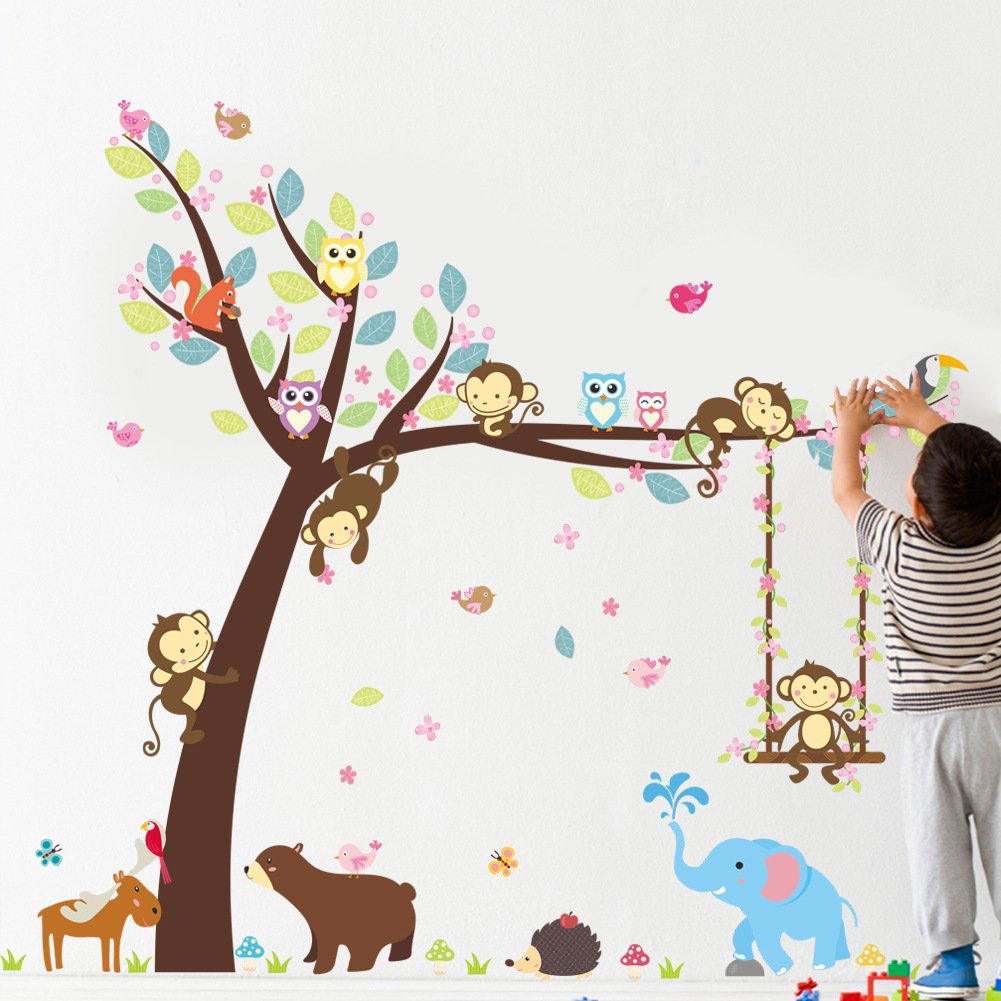 Cartoon Monkey Owls Tree Jungle Animal Theme Wall Art Decal Sticker Mural Decoration for Living Room Nursery Baby Girl Boy Kids Children's Room Bedroom Decor (B)