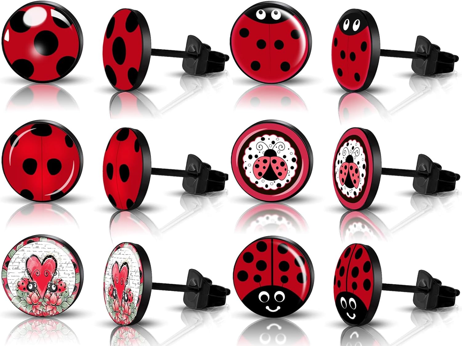 SIISPRI 6Pairs Ladybug Women Earrings Set Cute Bug Little Ladybird Earrings Round Circle Button Stud Post Earrings 10MM