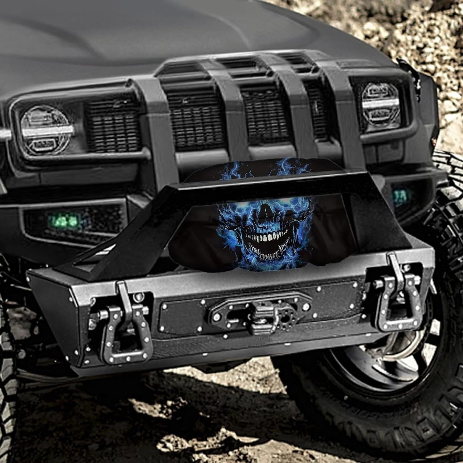 Blue Flaming Skull Explore Land Waterproof Universal Winch Cover - Dust Resistant Winches Cover 23x11 x 11 inch - Fits Most Electric Winches