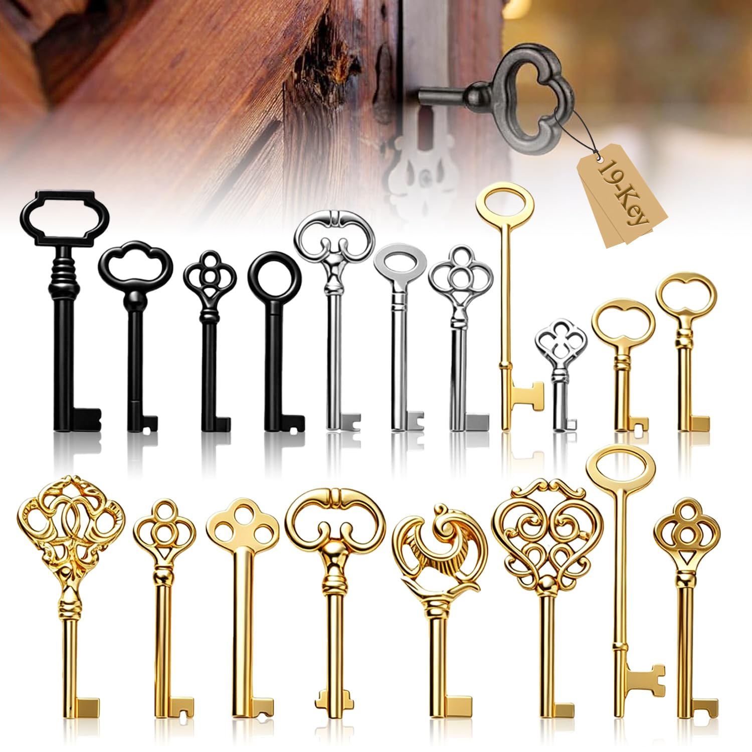 19 Stück Vintage Universal Schrankschlüssel Set Multi-Stil Antike Schlüssel für Alte Möbelschlüssel Ersatz Schränke Uhren Schubladen Schränke DIY Deko und Sammeln