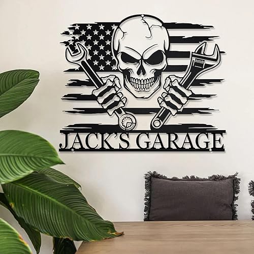 Miniatura 2 de Letreros de metal personalizados de garaje para taller, arte de pared de metal, letrero con nombre personalizado, calavera de EE. UU., decoración de
