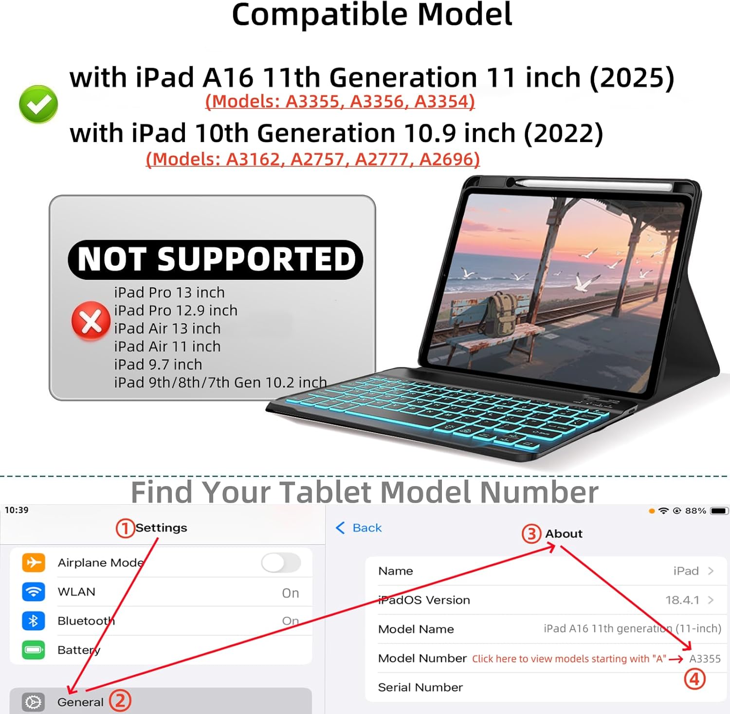 Keyboard Case for iPad 10th / A16 11th Generation 2022/2025-7 Colors Backlit Keyboard Cover and Mouse (Black)