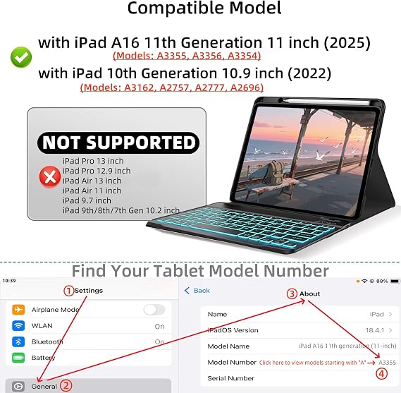 Keyboard Case for iPad 10th / A16 11th Generation 2022/2025-7 Colors Backlit Keyboard Cover and Mouse (Black)