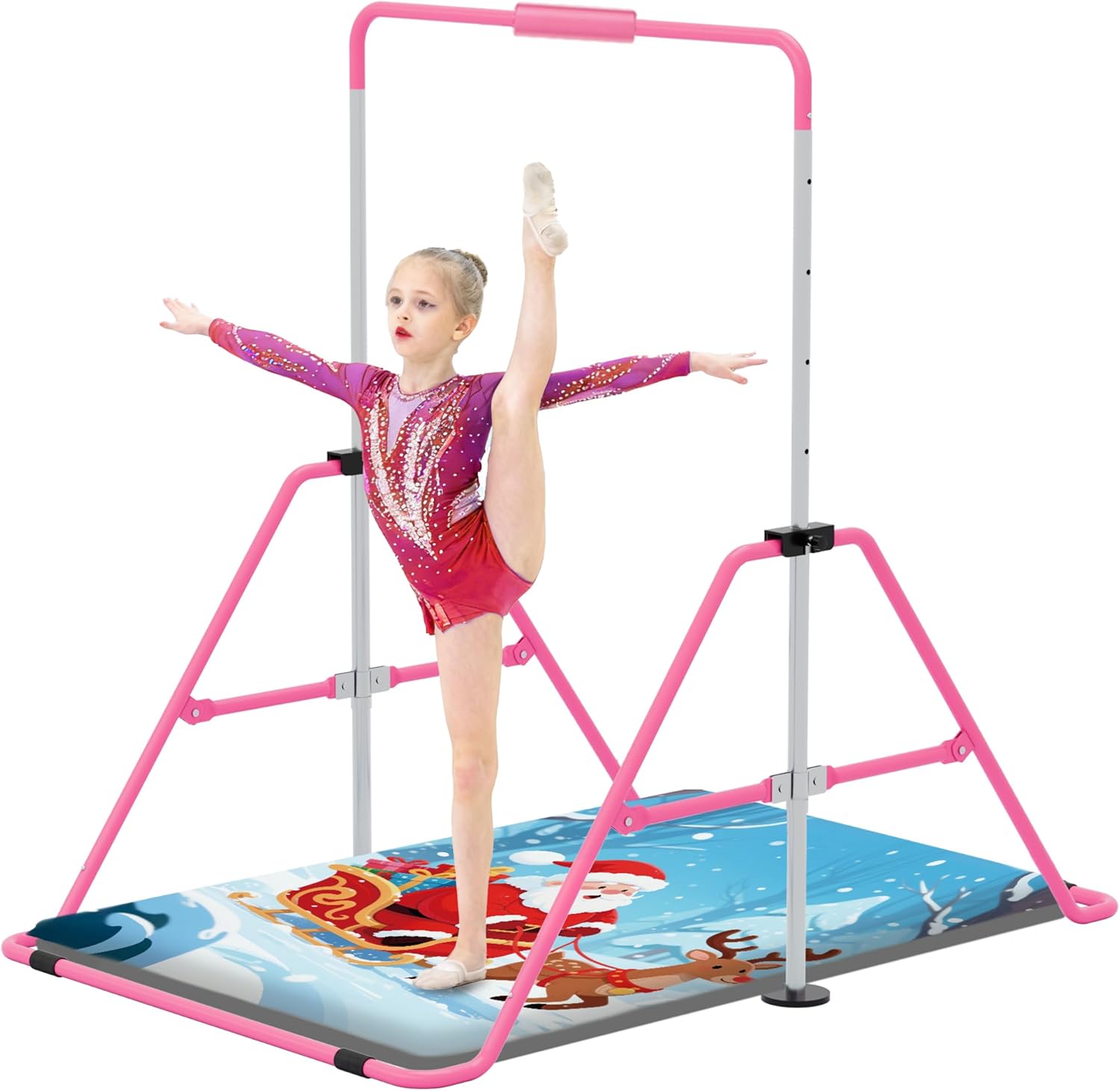 Gymnastics Bar with Self-Inflating Mat for Kids, Adjustable Height Gymnastic Horizontal Bars with Mat, Folding Gymnastic Training Monkey Bars, Junior Expandable Training Kip Bar for Home Pink with Santa Claus Mat