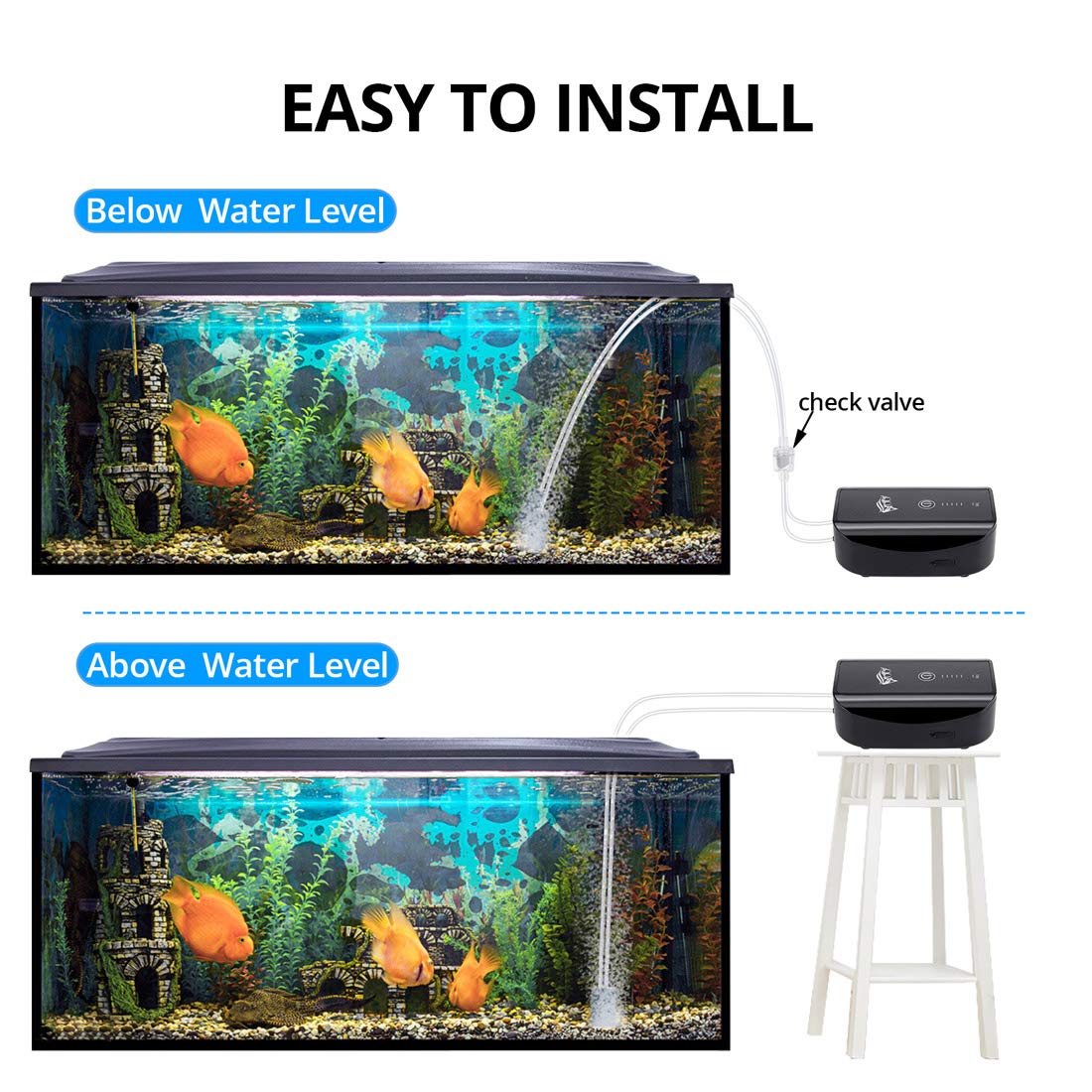 AQQA Pompe à air pour aquarium, pompe à oxygène rechargeable à piles | Aquariums d'eau douce et salée avec pierre à air, tubes, câble USB et adaptateur (2,5 W pour réservoir de 1 à 140 galles)