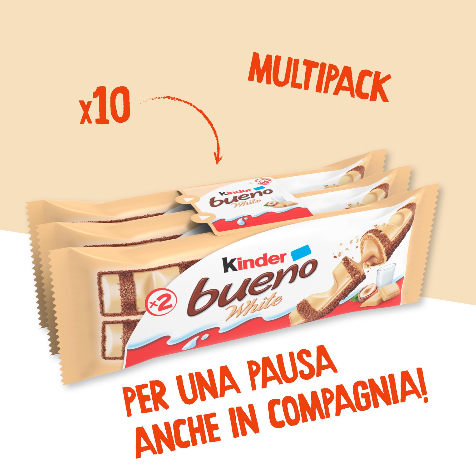 Kinder Bueno White, Snack al Cioccolato Bianco e Nocciole, un Wafer Ripieno di Crema alle Nocciole Ricoperto da Cioccolato Bianco e Granella Meringata al Cacao, Pacco 30 Confezioni