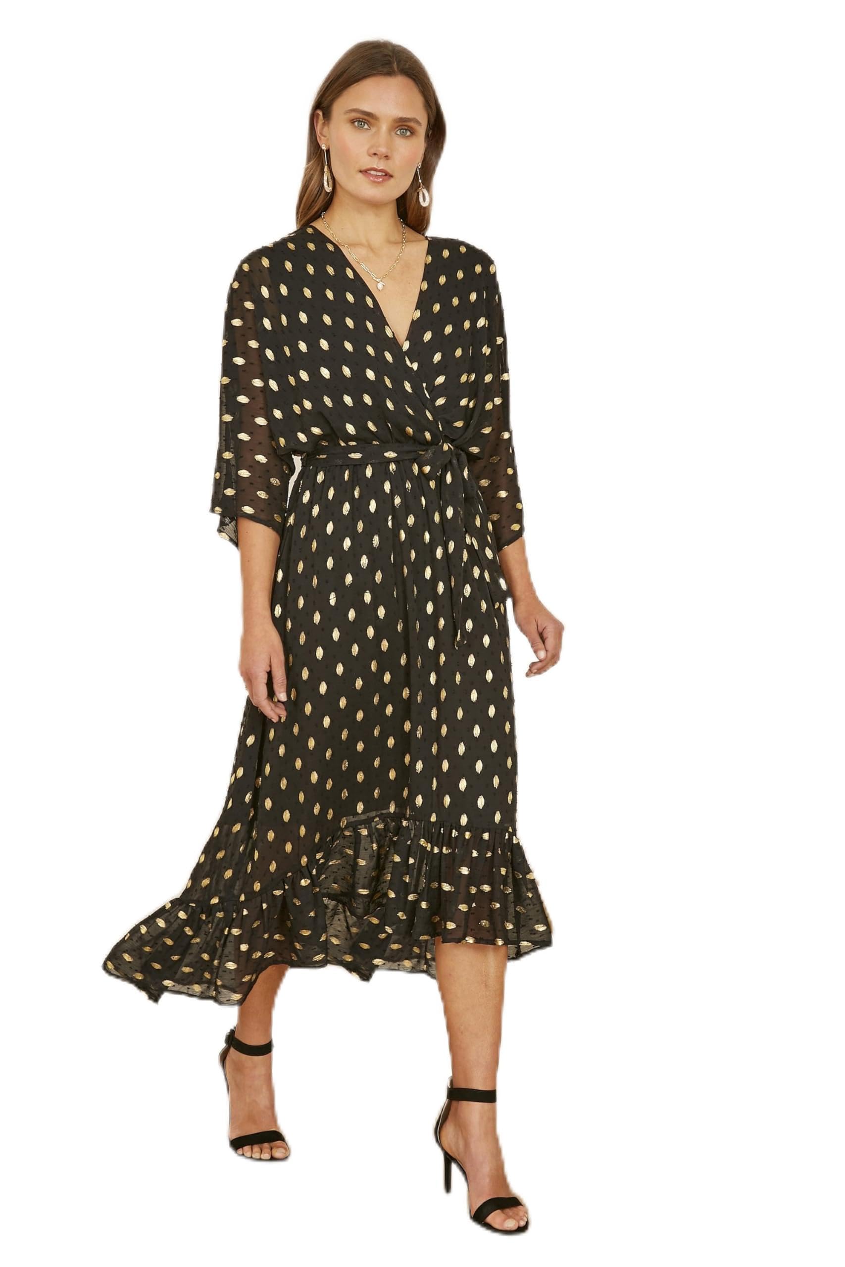 Yumi Women's Black Foil Print Wrap Over Dip Hem Midi Dress | Size: 18