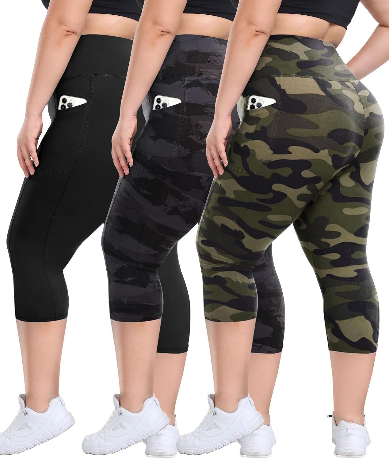  3 Pack Plus Size Leggings with Pockets for Women - High Waisted Tummy Control Spandex Soft Workout Yoga Pants
