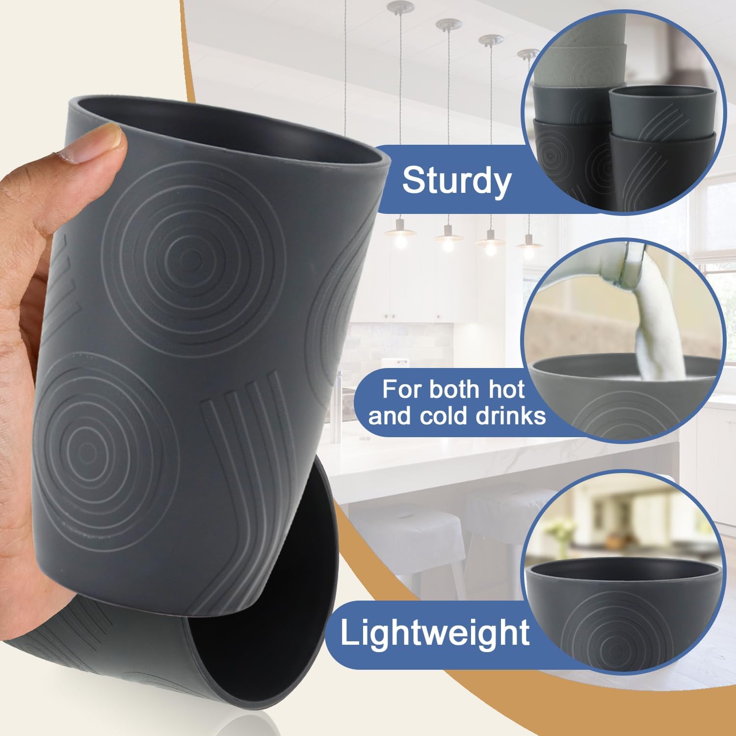 Wheat Straw Cups 6 PCS - 16 OZ Drinking Glasses, Unbreakable Drinking Cup, Water Tumbler for Kitchen, Alternative to Plastic Cups Reusable Microwave and Dishwasher Safe (Black, Grey) - Image 5