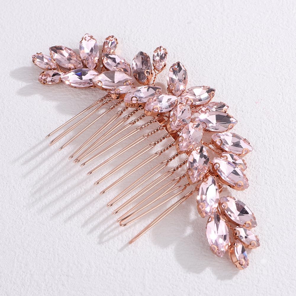 Octwine Bride Wedding Silver Green Red Rhinestone Crystal Hair Comb Wedding Party Prom Hair Headpiece Bridal Wedding Hair Accessories for Women (Rose gold pink) - Image 3
