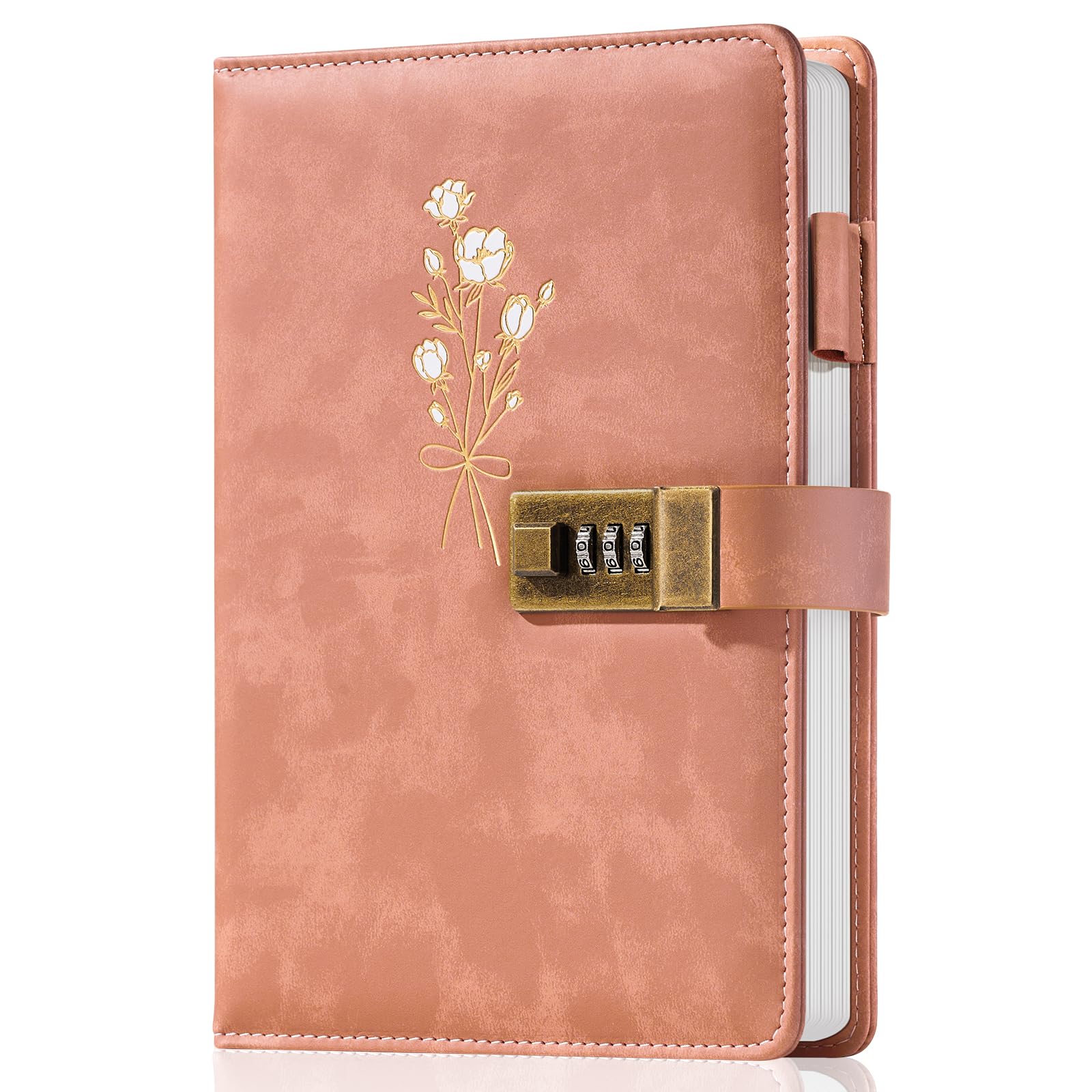 Ovesmusl Tagebuch mit Schloss für Mädchen, A5, Leder-Tagebuch für Damen, 260 Seiten, 100 g/m², nachfüllbares Tagebuch mit Schloss für Teenager, Geheimnisse, Blumen-Tagebücher mit