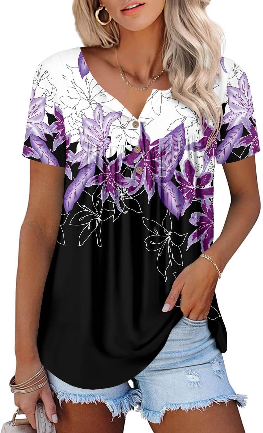 ONLYSHE Womens Summer Short Sleeve Shirts V Neck Tops Casual Tunic Floral Ruffle Blouse