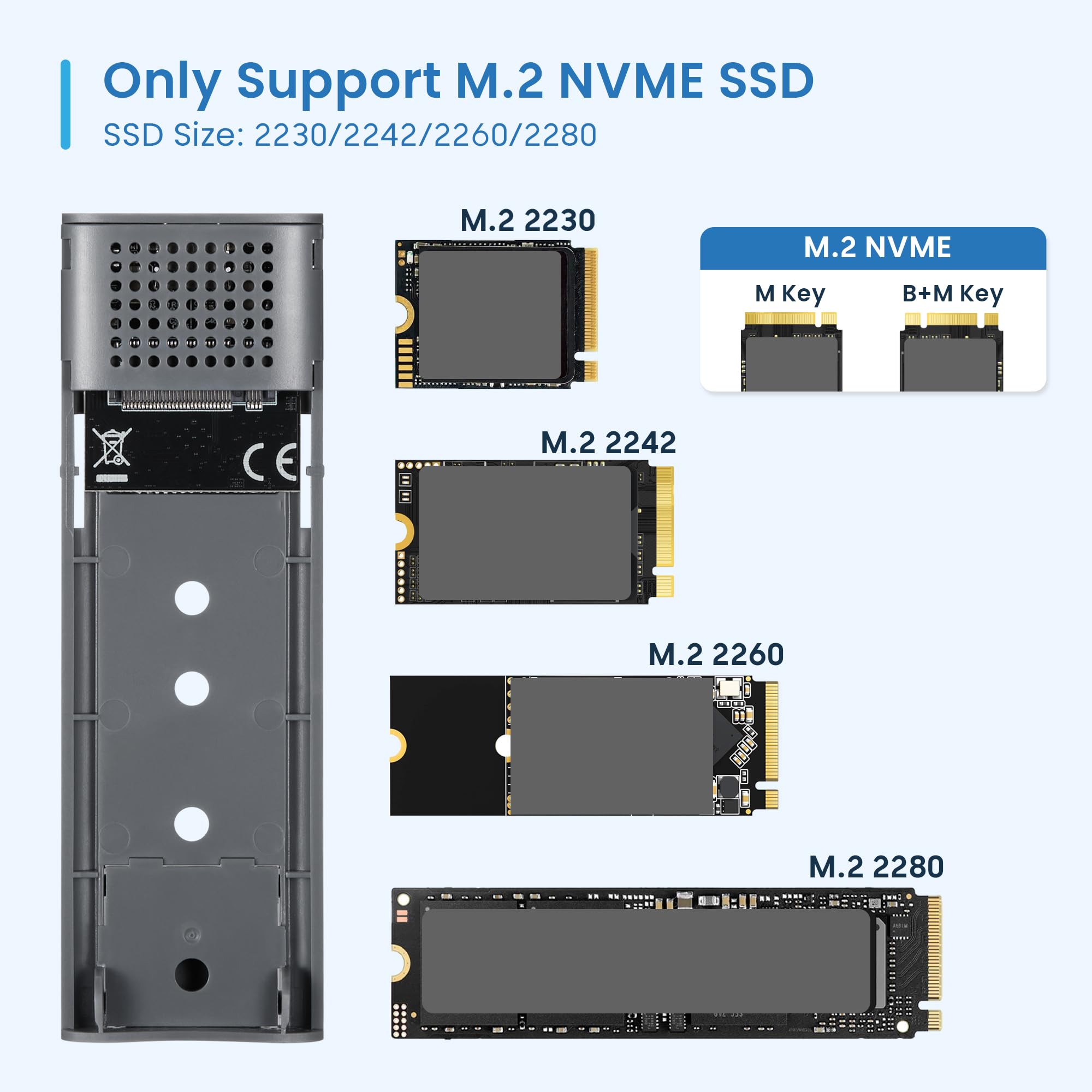 Ewent Box Esterno USB 3.2 Gen2 per SSD M.2 NVMe PCIe – Custodia Case Hard Disk in Alluminio, supporta Key M 2230-2280, velocità fino a 10 Gbps, senza viti, compatibile USB-C / A, UASP & TRIM