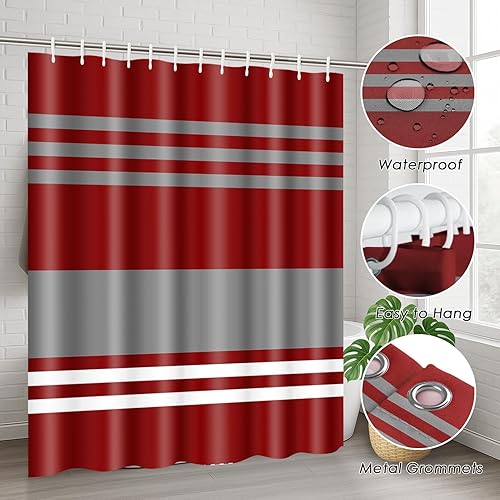 Miniatura 6 de Tayney Juego de 4 cortinas de ducha a rayas rojas y burdeos con tapa de inodoro y alfombras antideslizantes, 4 cortinas de ducha modernas con líneas