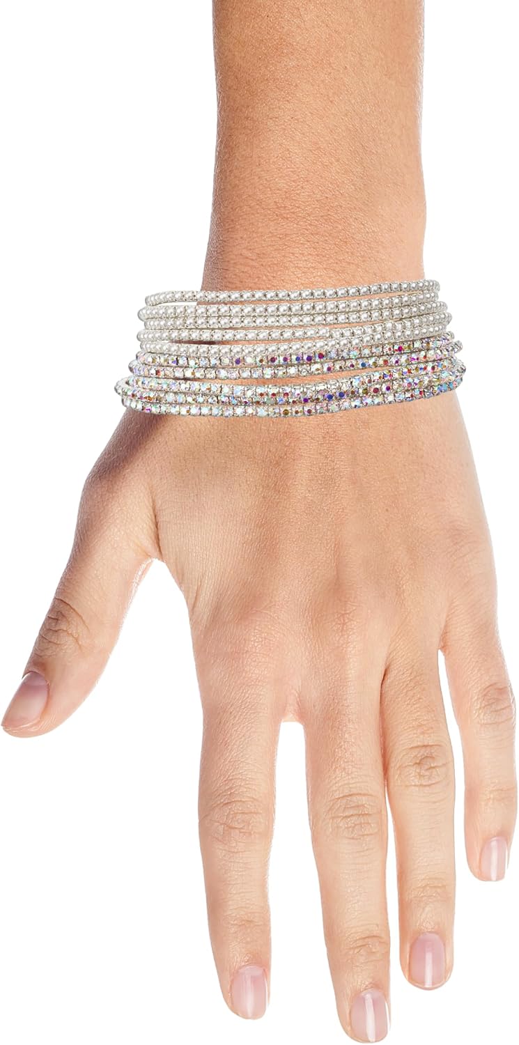 Nicole Miller New York Stretch Bracelet Set, Silvertone with Rhinestones and Beads, 10 Pieces