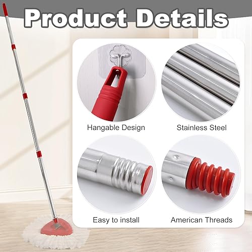 Miniatura 7 de Reemplazo del mango de trapeador giratorio de 4 secciones, (30 a 58 pulgadas), mango de acero inoxidable fácil de instalar, resistente a la