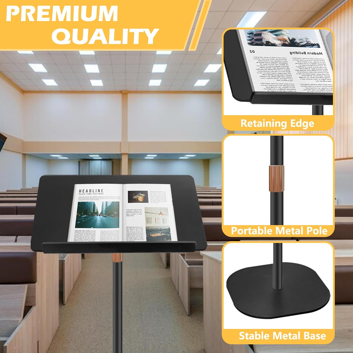 Podium Stand, Lecterns & Podium Height and Angle Adjustable, Metal Pole and Base, Podium for Church, Weddings, Classroom, Speech, 16'' L x 12'' W x 56.5'' H (Black)