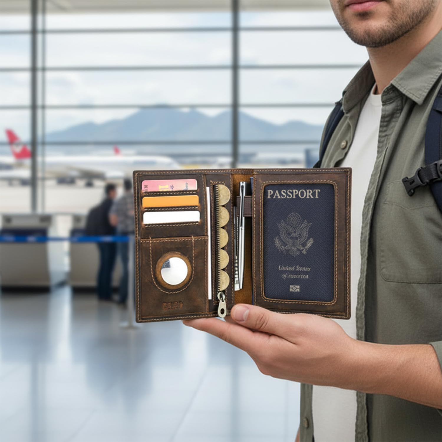 Acidea Genuine Leather Passport Holder with Airtag Slot and RFID Blocking