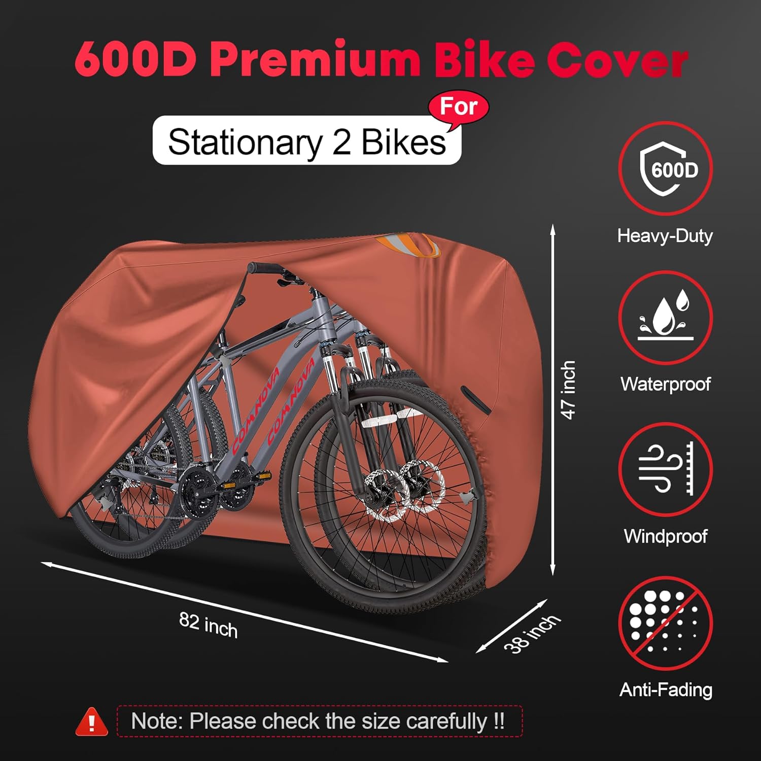 Comnova Bike Cover for 2 Bikes - Outdoor Bike Covers for Stationary 2 Bikes Waterproof  Heavy Duty, 600D Bicycle Covers for 2 eBike, Mountain Bike, Road Bike, Hybrid Bike, Beach Cruiser Bike Storage
