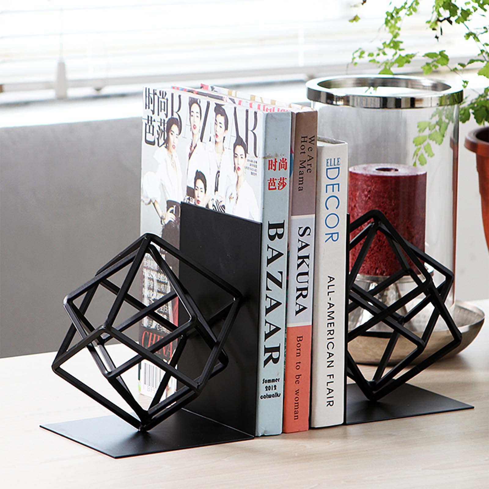 Buchstützen Metall Schwarz Buchhalter rutschfest Kratzfest, Geometrisches Künstlerisches Design, Ideal Für Die Organisation Von Büchern Zeitschriften CDs Usw,1 Paar