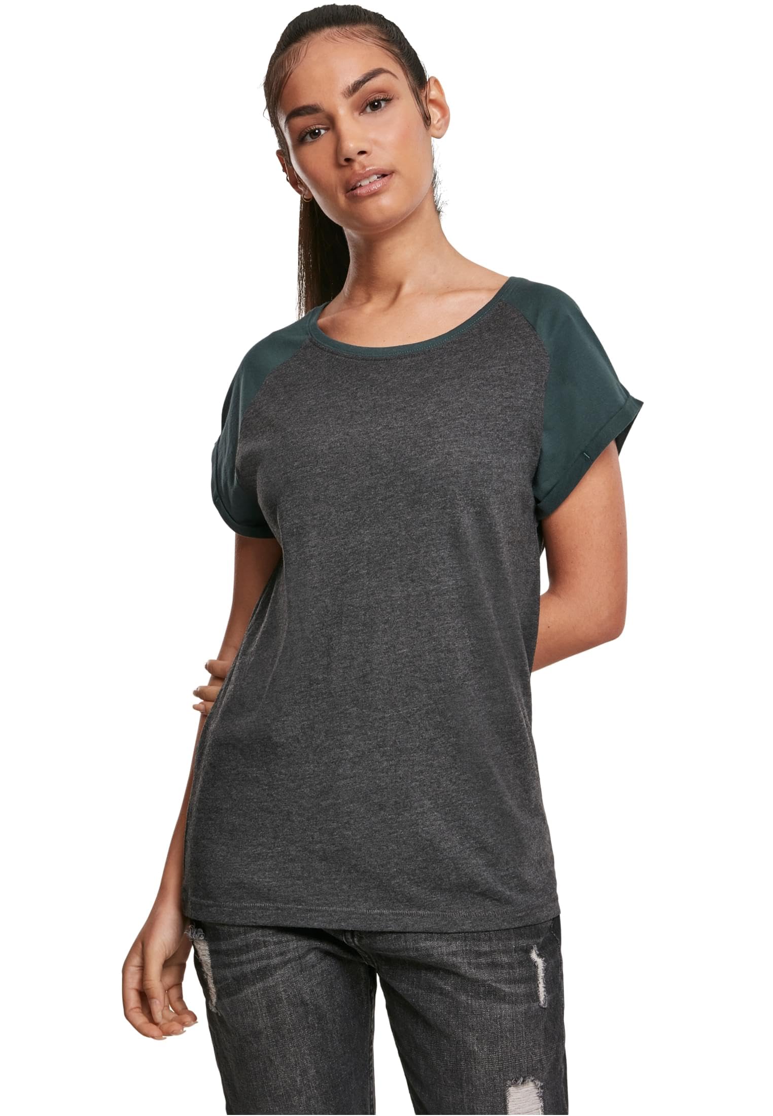 Urban Classics Women's Ladies Contrast Raglan Tee T Shirt, Multicolour (Charcoal/Bottle Green 02251), L UK