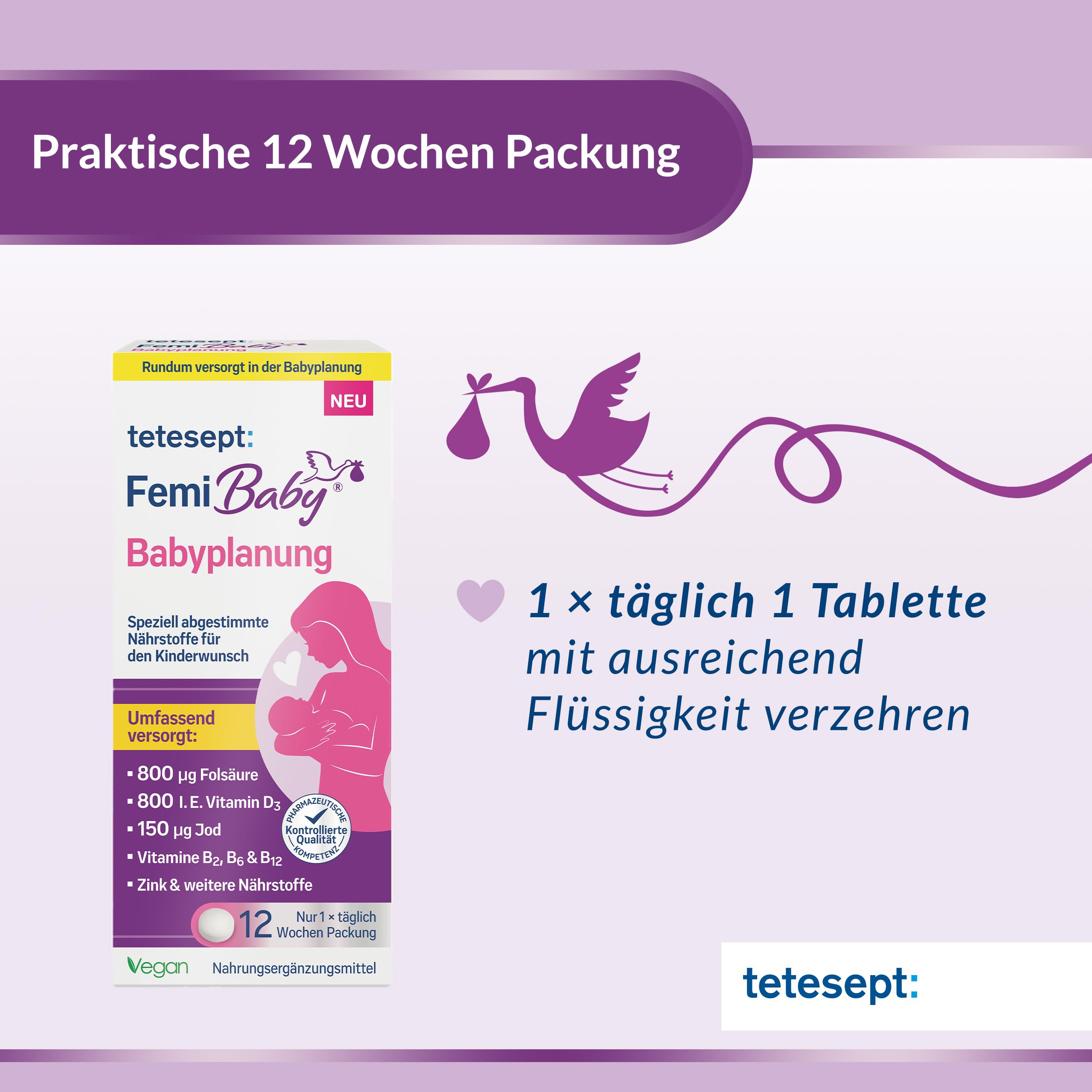 tetesept Femi Baby® Babyplanung 1 x 84 Tabletten – Nahrungsergänzungsmittel für die Frau zur Unterstützung bei Kinderwunsch – Spezielle Nährstoffe mit Folsäure, vegan