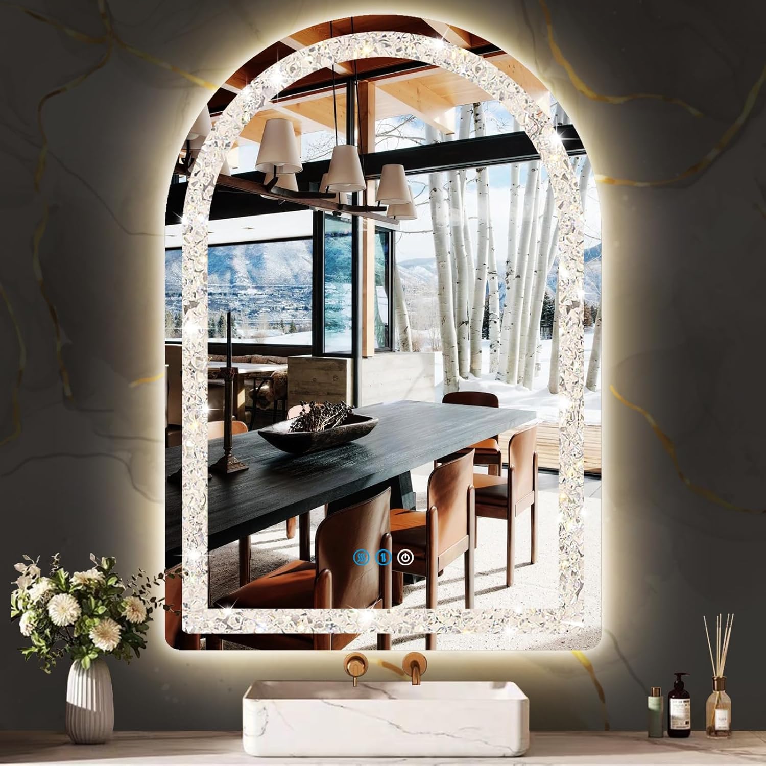 Crystal LED Arch Mirror with Lights 32 x 24 Inch Arch Lighted Mirror for Bathroom Wall Tabletop Desk Diamond Arched Vanity Mirror with Lights 3 Color AntiFog Arched Makeup Mirror with Lights