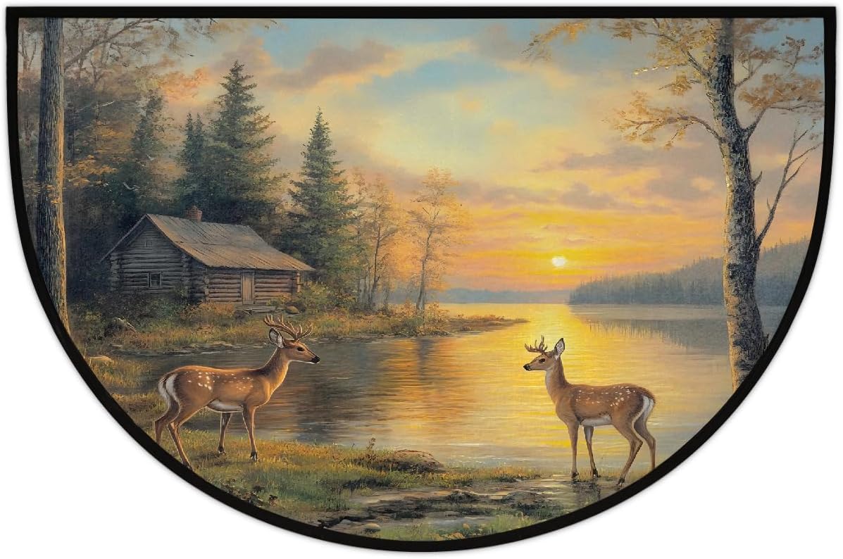Deer Maple Autumn Half Round Door Mat Non Slip Washable Semi Circle Area Rug Absorbent Soft Half Moon Rug Floor Mat for Indoor Outdoor Kitchen Bathroom Patio Front Door Mat Decor