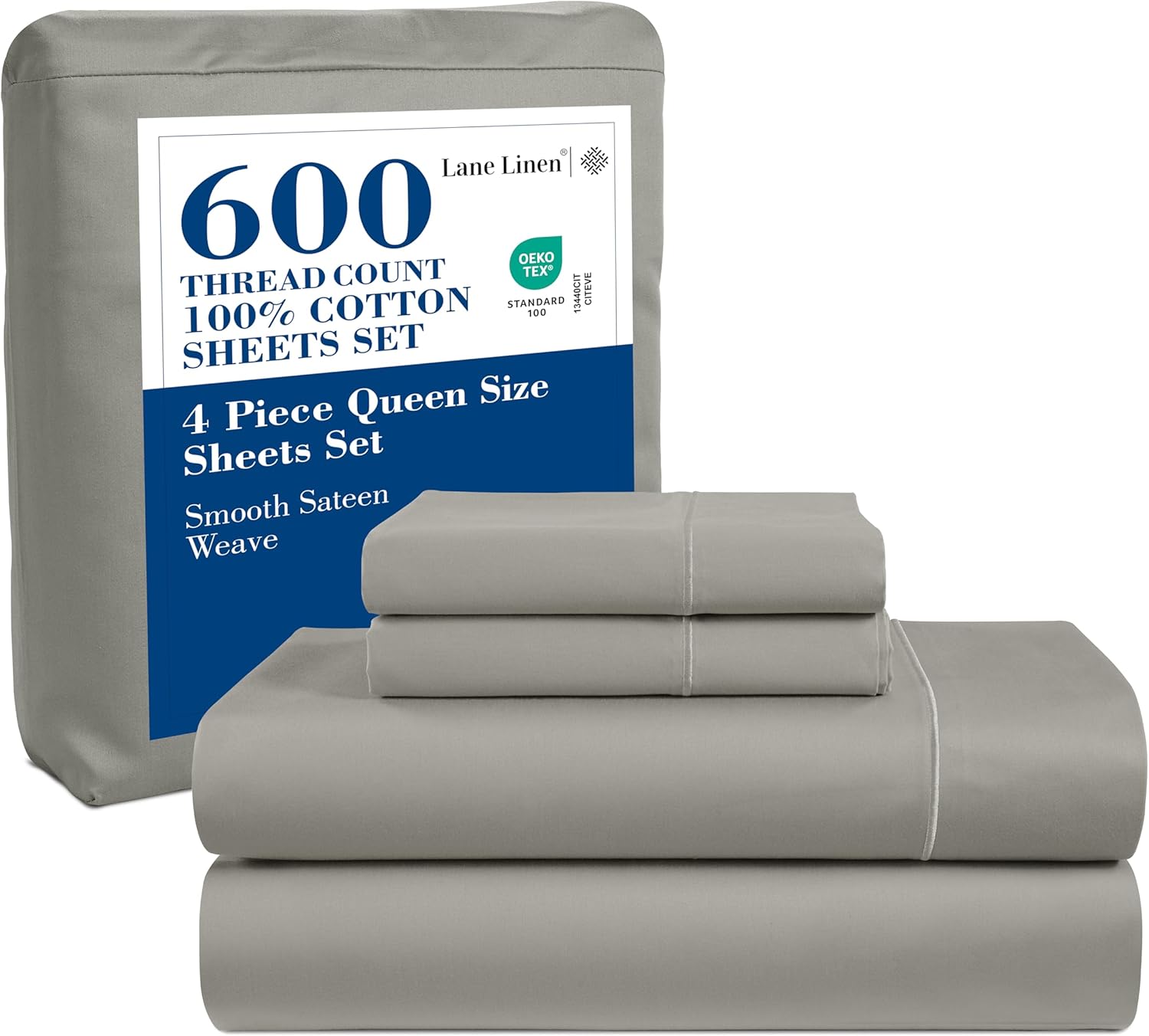 LANE LINEN Queen Size Sheet Set  600 Thread Count Natural 100% Cotton Sheets, Cooling Bed Sheets, Durable Bedding for Daily Use, Fade Resistant, Snug Fit 15" Deep Pocket Fitted Sheet  Silver