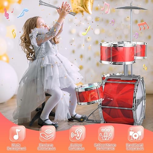 Miniatura 2 de Toddlers Drum Set for Kids 3-5 with 5 Light up Drums, Higher Bracket of Musical Drum Toys for Toddlers,Red Beginner Drum Kit for Girls 2-4, 3-5 Years