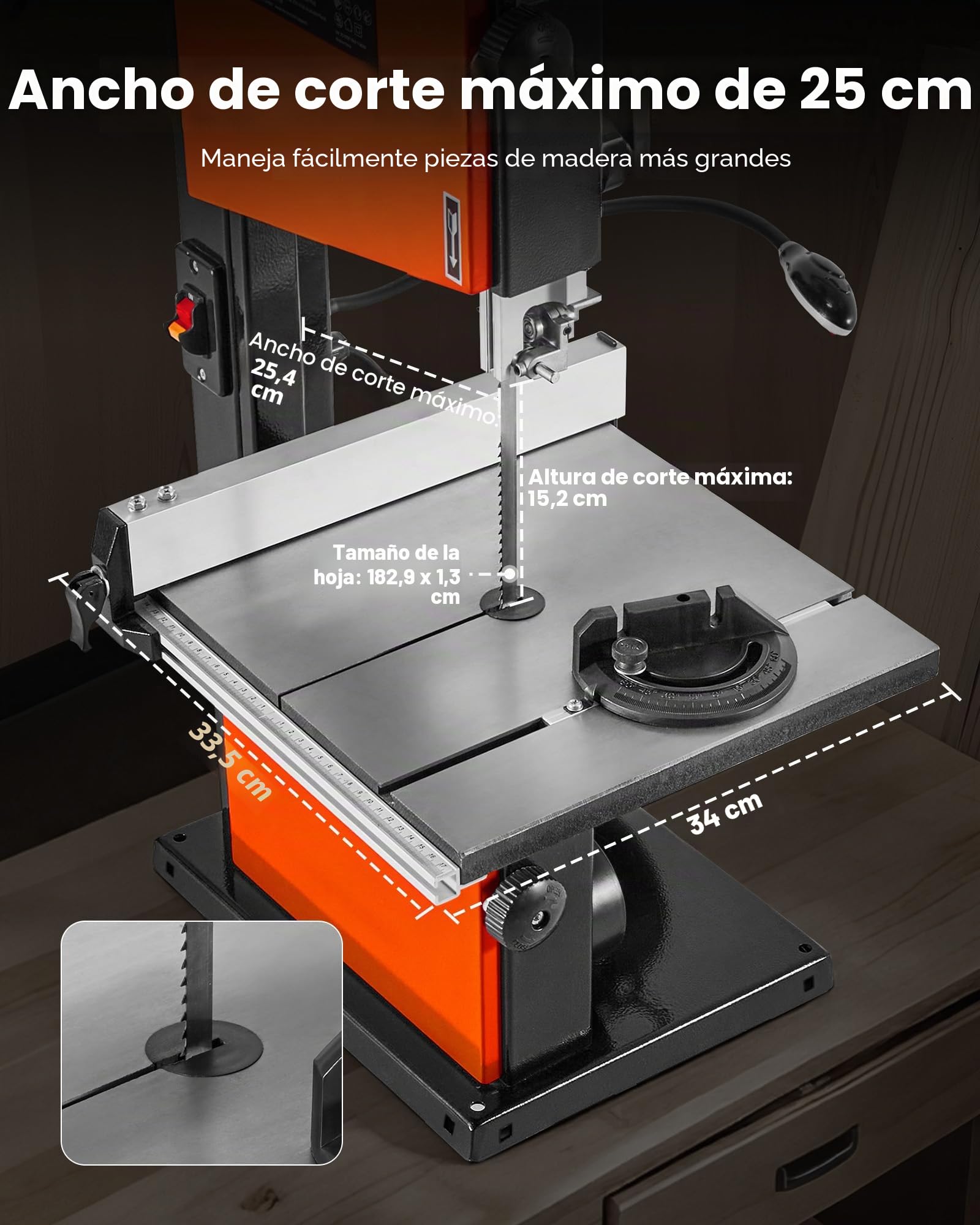 VEVOR Sierra de Cinta, Ancho de Corte de 254 mm, 2 Velocidades, Motor de 373 W, Altura de Corte de 160 mm, Mesa de Hierro Fundido de 335 x 340 mm, Luz de Trabajo de 360 Grados, para Carpintería